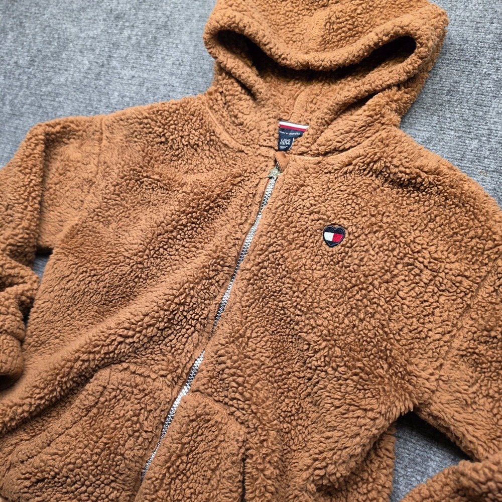 Tommy Hilfiger Girls Sherpa Hoodie Jacket Size L 12-14 Brown Teddy Fleece Zip Up